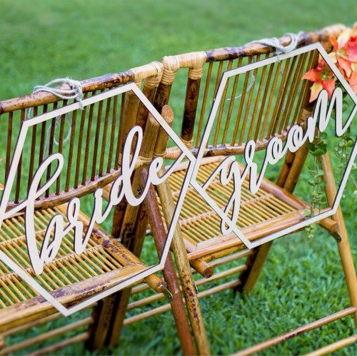 Wedding Reception Decor Wood Geometric Bride & Groom Chair Signs